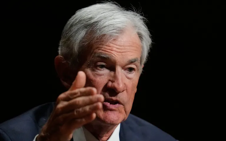 Federal Reserve Chair Jerome Powell gestures while addressing students at Harvard University, Monday, March 30, 2026, in Cambridge, Mass.