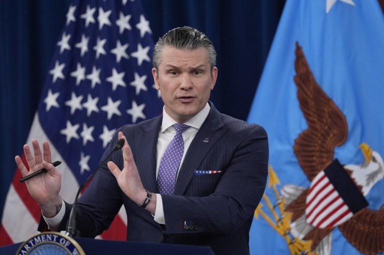 Defense Secretary Pete Hegseth speaks to members of the media during a press briefing at the Pentagon