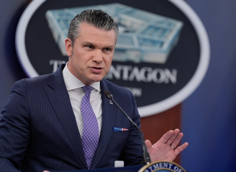 Defense Secretary Pete Hegseth speaks to members of the media during a press briefing at the Pentagon