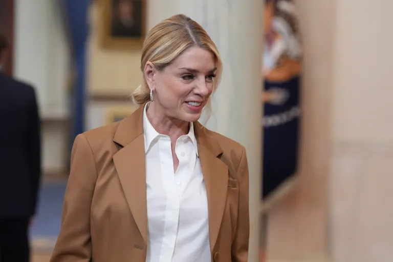 Attorney General Pam Bondi arrives before President Donald Trump speaks about the Iran war