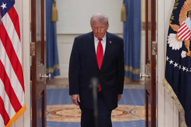 President Donald Trump arrives to speak about the Iran war from the Cross Hall of the White House on Wednesday, April 1, 2026
