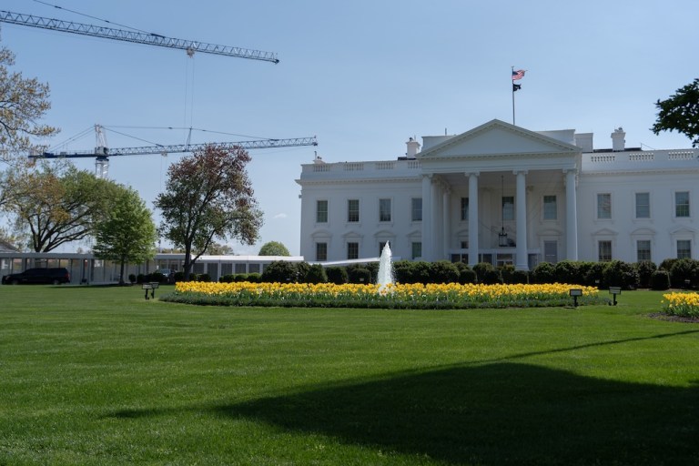 Cranes being used to construct the new White House ballroom are seen around the White House, Saturday, April 4, 2026, in Washington. (AP Photo/Julia Demaree Nikhinson)