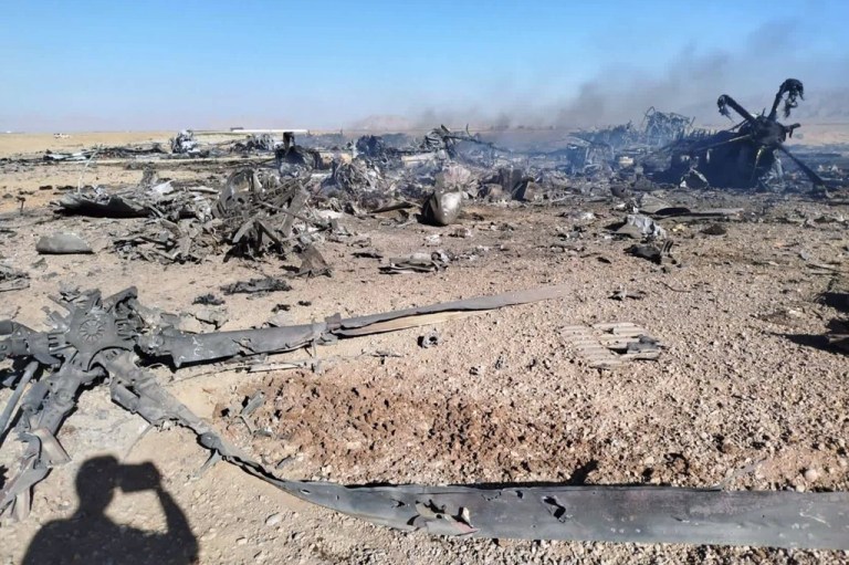 In this image provided by Sepahnews, the Iranian Revolutionary Guard's official website, wreckage is shown at what Iran's state TV claimed was the site of a downed American transport plane and two helicopters involved in a rescue operation, in Isfahan province, Iran, April, 2026.