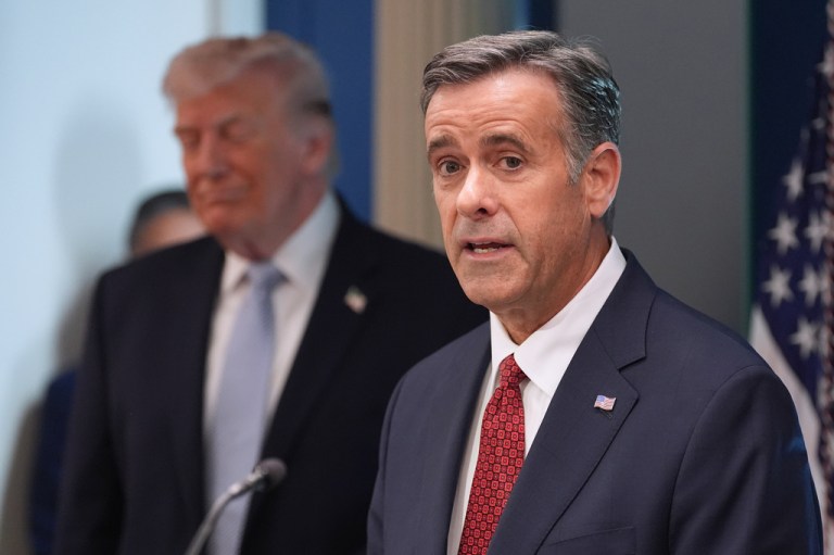 CIA Director John Ratcliffe speaks with reporters in the James Brady Press Briefing Room at the White House, Monday, April 6, 2026, in Washington, as President Donald Trump looks on.