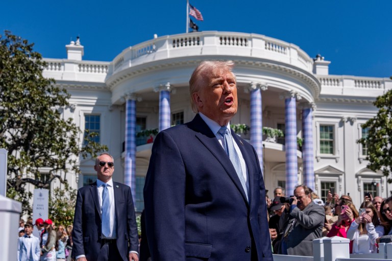 President Donald Trump speaks to the crowd during the White House Easter Egg Roll.