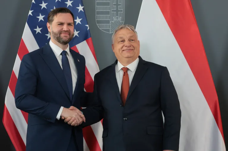 Vice President JD Vance shakes hands with Hungarian Prime Minister Viktor Orban.