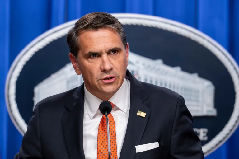 Acting Attorney General Todd Blanche holds a news conference regarding developments in the Trump Administration's anti-fraud efforts, at the Justice Department in Washington, Tuesday, April 7, 2026. (AP Photo/J. Scott Applewhite)