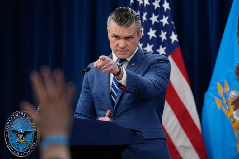 Defense Secretary Pete Hegseth speaks to members of the media during a press briefing at the Pentagon in Washington, Wednesday, April 8, 2026. (AP Photo/Manuel Balce Ceneta)