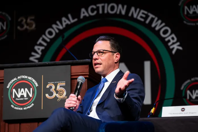 Josh Shapiro, Governor of Pennsylvania, speaks during the National Action Network (NAN) Convention in New York, Wednesday, April 8, 2026. (AP Photo/Angelina Katsanis)