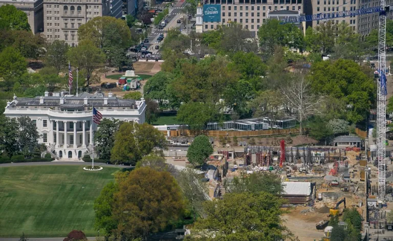 Work continues on the construction of the ballroom at the White House, Thursday, April 9, 2026, in Washington, where the East Wing once stood.