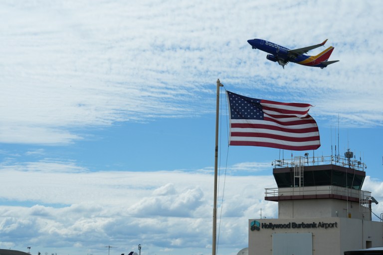 A Southwest Airlines plane takes off from Hollywood Burbank Airport.