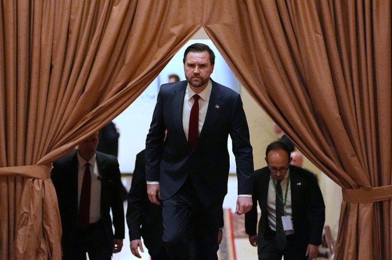 U.S. Vice President JD Vance arrives for a meeting with Pakistan's Prime Minister Shehbaz Sharif in Islamabad, Pakistan, for talks about Iran on Saturday, April 11, 2026. (AP Photo/Jacquelyn Martin, Pool)