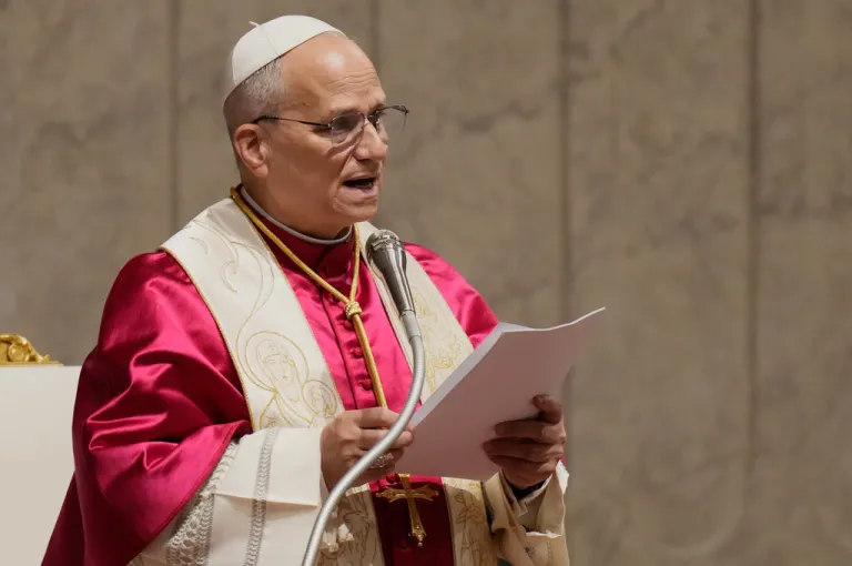 Pope Leo XIV delivers his message as he leads a vigil for peace inside St. Peter's Basilica at the Vatican, Saturday, April 11, 2026. (AP Photo/Gregorio Borgia)