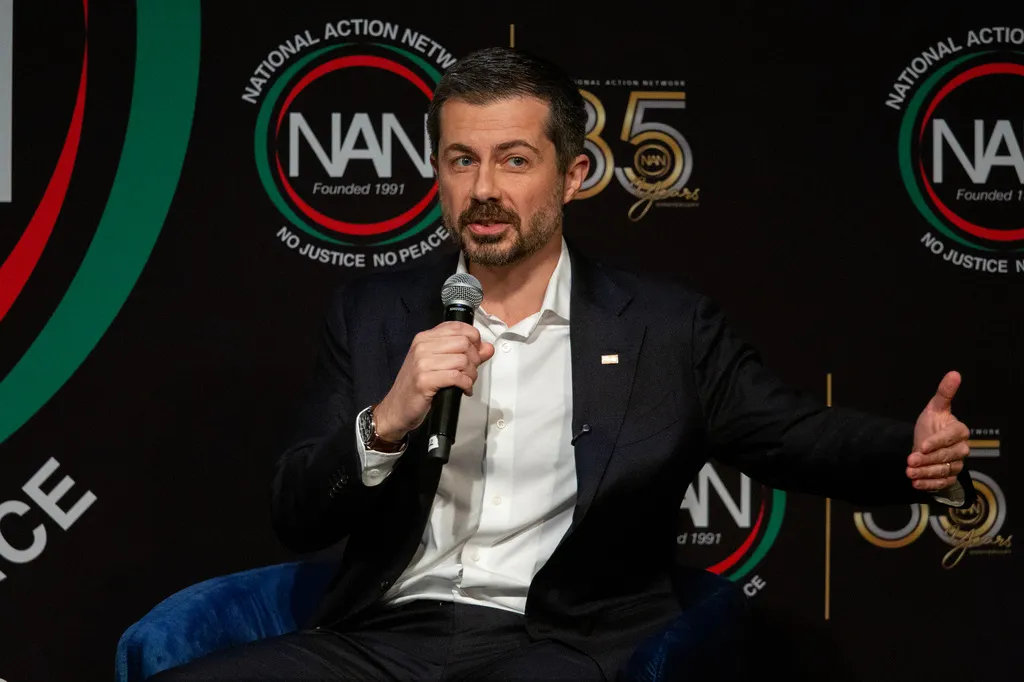 Former Transportation Secretary Pete Buttigieg speaks at the National Action Network's annual convention.