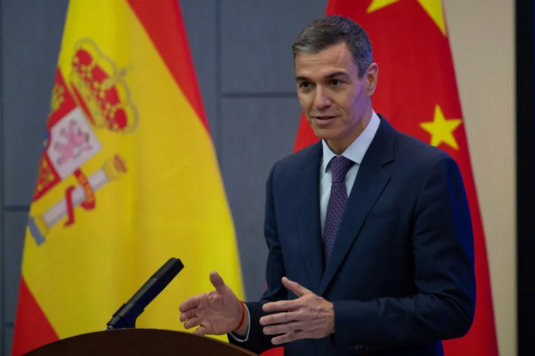 Spanish Prime Minister Pedro Sanchez offers a speech at the University of Chinese Academy of Sciences in Beijing, Monday, April 13, 2026.