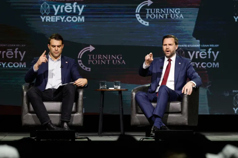 Vice President JD Vance speaks with Andrew Kolvet at a Turning Point USA tour stop at the University of Georgia in Athens, Ga., Tuesday, April 14, 2026. (AP Photo/Erik S. Lesser)