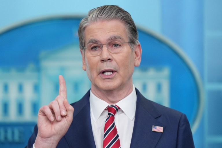 Treasury Secretary Scott Bessent speaks with reporters in the James Brady Press Briefing Room at the White House, Wednesday, April 15, 2026, in Washington. (AP Photo/Alex Brandon)