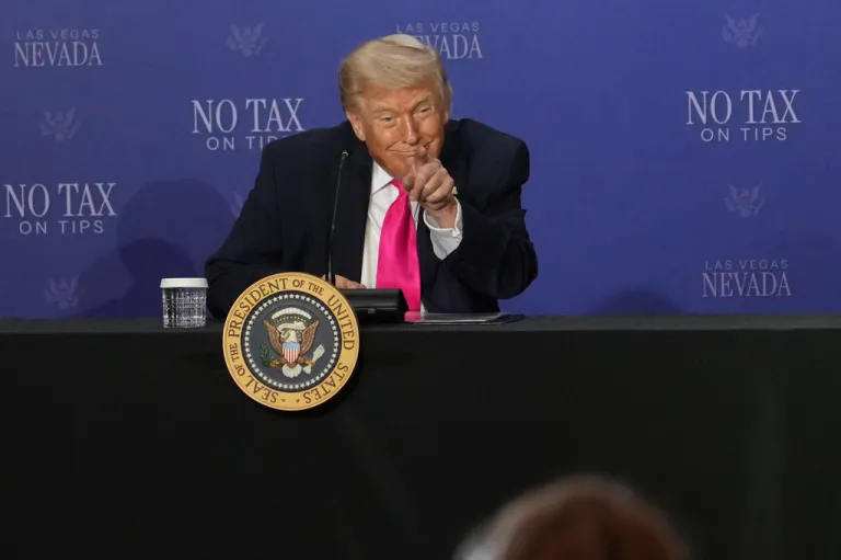 President Donald Trump speaks at a roundtable event about no tax on tips, Thursday, April 16, 2026, in Las Vegas.