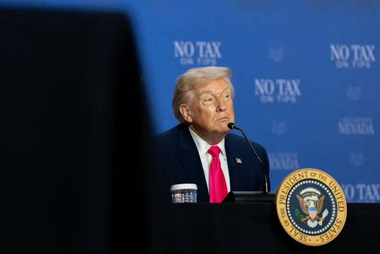 President Donald Trump participates in a roundtable event about no tax on tips, Thursday, April 16, 2026, in Las Vegas.
