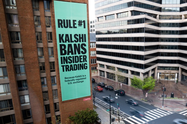 An advertisement for prediction market platform Kalshi hangs at 13th and L Streets in northwest Washington, D.C.