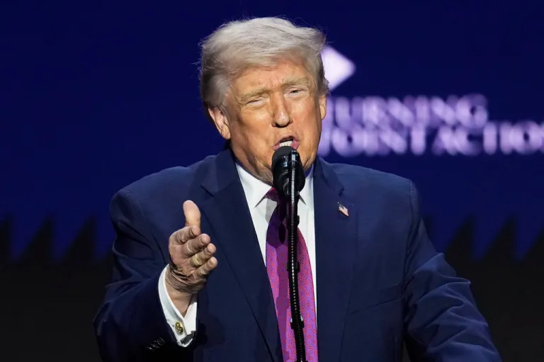President Donald Trump speaks at a Turning Point USA event Friday, April 17, 2026, in Phoenix.