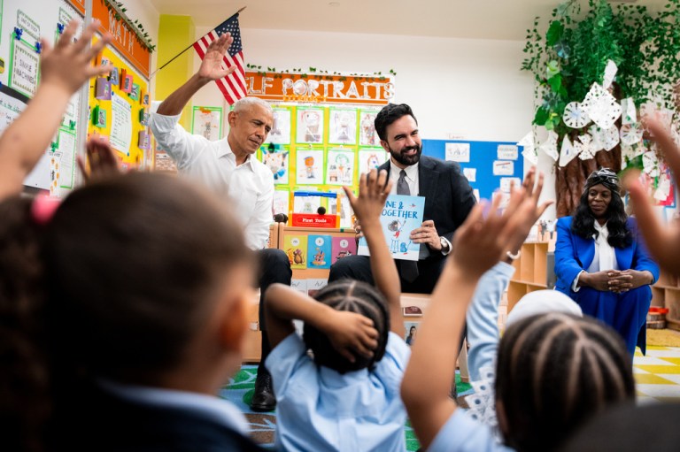 Former President Barack Obama and Mayor Zohran Mamdani visit Learning Through Play Pre-K in the Bronx in New York, Saturday, April 18, 2026.