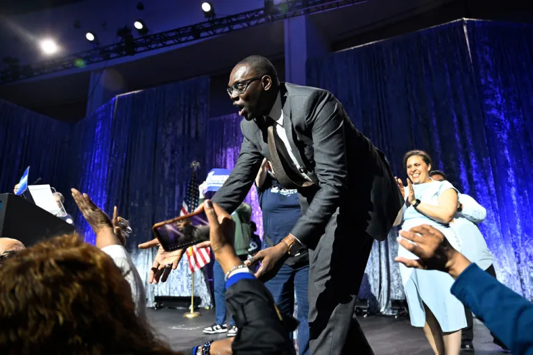 Michigan Lt. Gov. Garlin Gilchrist II, a candidate for Secretary of State, greets delegates after winning the party's nomination during the Michigan Democratic Party State Endorsement Convention, Sunday, April 19, 2026, in Detroit.