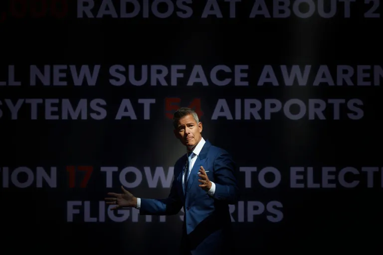 U.S. Department of Transportation Secretary Sean Duffy speaks during a press briefing on flight safety, at the U.S. Department of Transportation, Tuesday, April 21, 2026, in Washington. (AP Photo/Tom Brenner)