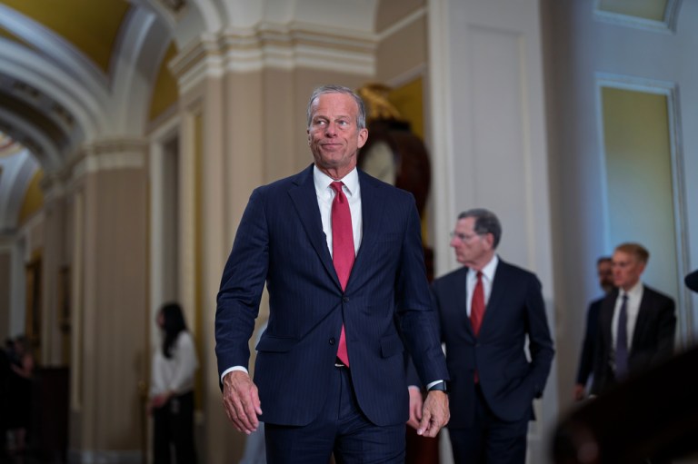 Senate Majority Leader John Thune, R-S.D., emerges from a closed-door party meeting to speak with reporters, at the Capitol in Washington, Tuesday, April 21, 2026