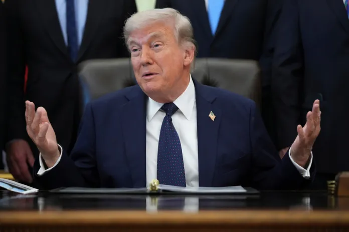 President Donald Trump speaks during an event on health care affordability in the Oval Office at the White House, Thursday, April 23, 2026, in Washington.