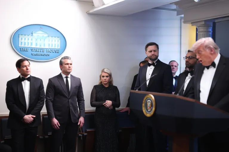 Secretary of State Marco Rubio, from left, Defense Secretary Pete Hegseth, White House press secretary Karoline Leavitt, Vice President JD Vance and FBI director Kash Patel listen to President Donald Trump speak in the James Brady Press Briefing Room at the White House after an unspecified threat at the annual White House Correspondents' Association Dinner in Washington, Saturday, April 25, 2026.