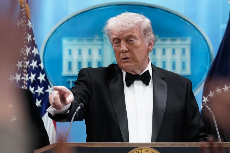 President Donald Trump speaks in the James Brady Press Briefing Room at the White House after an unspecified threat at the annual White House Correspondents' Association Dinner in Washington, Saturday, April 25, 2026. (AP Photo/Jose Luis Magana)