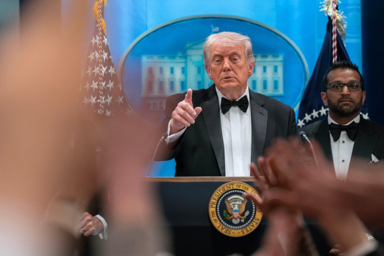 President Donald Trump gestures as he speaks in the James Brady Press Briefing Room