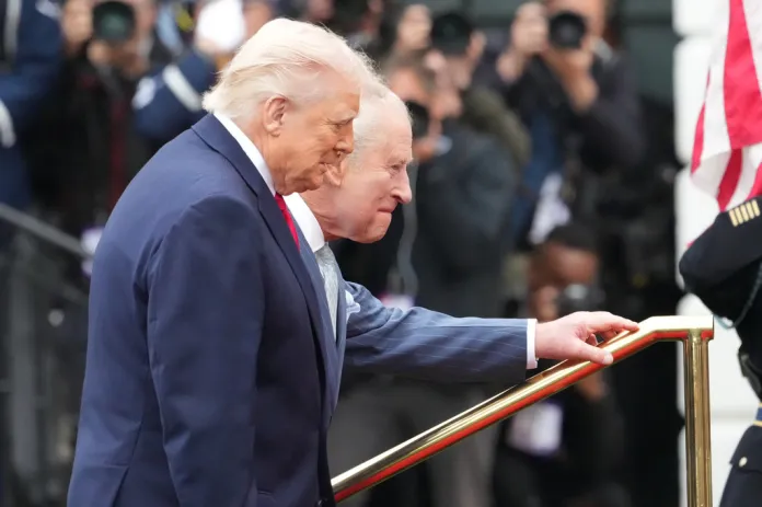 President Donald Trump and Britain's King Charles III walk onto the stage during a State Visit arrival ceremony on the South Lawn of the White House, Tuesday, April 28, 2026, in Washington. (AP Photo/Alex Brandon)