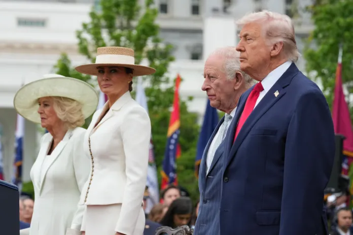 President Donald Trump and first lady Melania Trump greet Britain's King Charles III and Queen Camilla during a State Visit arrival ceremony on the South Lawn of the White House, Tuesday, April 28, 2026, in Washington. (AP Photo/Mark Schiefelbein)
