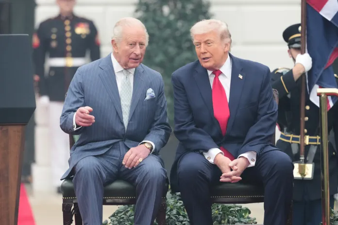 President Donald Trump and Britain's King Charles III are seated on stage during a State Visit arrival ceremony on the South Lawn of the White House, Tuesday, April 28, 2026, in Washington. (AP Photo/Alex Brandon)