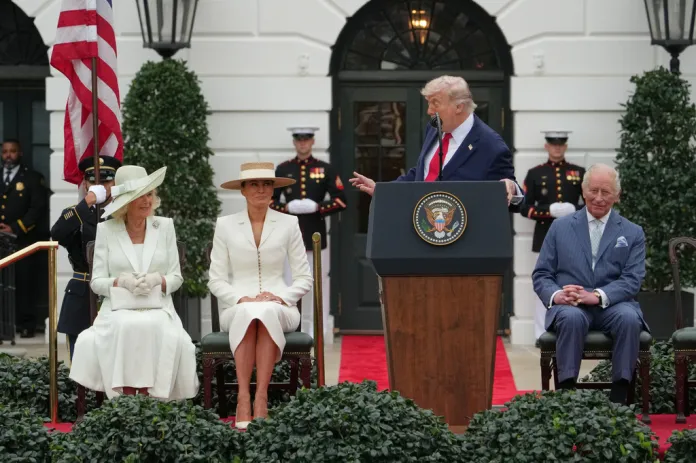 Britain's King Charles III, Queen Camilla and first lady Melania Trump listen as President Donald Trump speaks during a State Visit arrival ceremony on the South Lawn of the White House, Tuesday, April 28, 2026, in Washington.