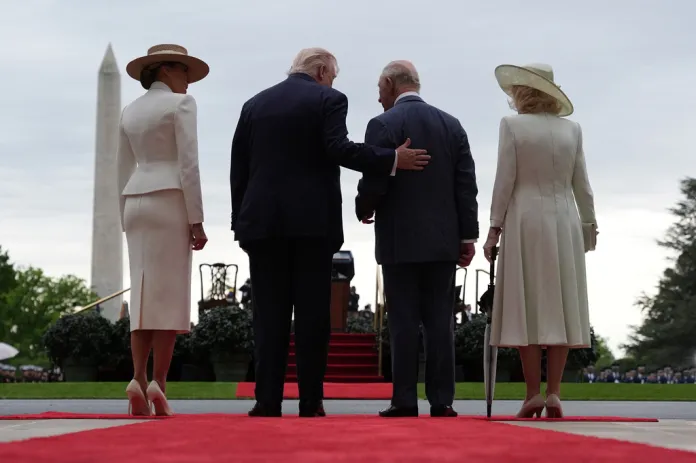 President Donald Trump, center left, speaks with Britain's King Charles III along with first lady Melania Trump, left, and Queen Camilla during a State Visit arrival ceremony on the South Lawn of the White House, Tuesday, April 28, 2026, in Washington.