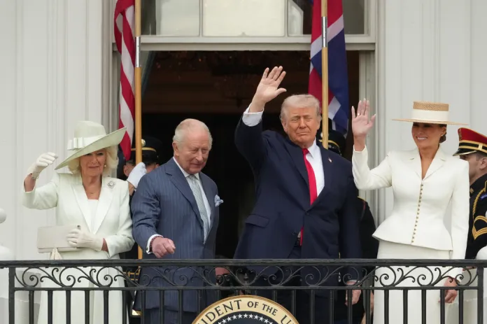 President Donald Trump, first lady Melania Trump, Britain's King Charles III and Queen Camilla stand on the Blue Room Balcony during a State Visit arrival ceremony on the South Lawn of the White House, Tuesday, April 28, 2026, in Washington.