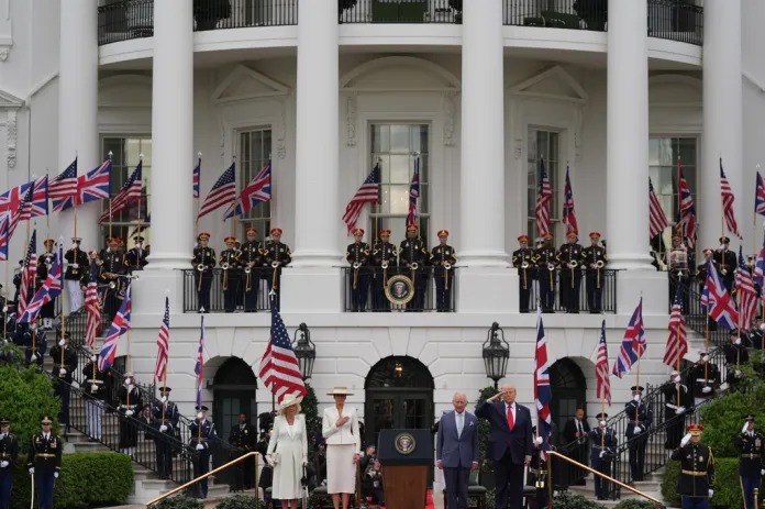 President Donald Trump and first lady Melania Trump stand on stage with Britain's King Charles III and Queen Camilla during a State Visit arrival ceremony on the South Lawn of the White House, Tuesday, April 28, 2026, in Washington.