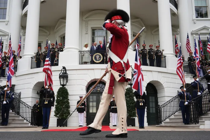 Queen Camilla, King Charles III, President Donald Trump and first lady Melania Trump attend an arrival ceremony on the South Lawn of the White House, Tuesday, April 28, 2026, in Washington.