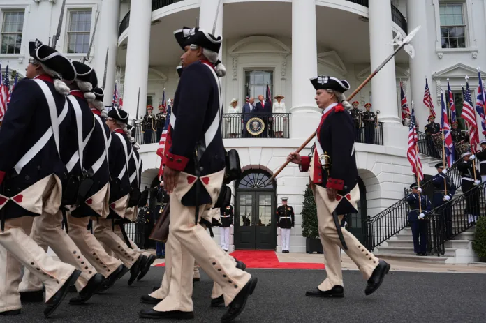 Queen Camilla, King Charles III, President Donald Trump and first lady Melania Trump attend an arrival ceremony on the South Lawn of the White House, Tuesday, April 28, 2026, in Washington.