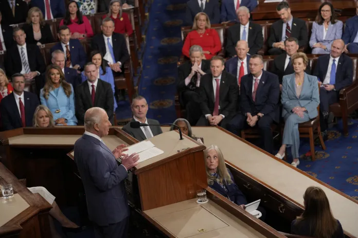 Britain's King Charles III speaks to a joint meeting of Congress in the House Chamber at the U.S. Capitol, Tuesday, April 28, 2026, in Washington.