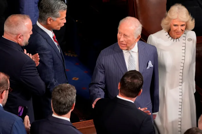 Britain's King Charles III and Britain's Queen Camilla arrive for a joint meeting of Congress in the House Chamber at the U.S. Capitol, Tuesday, April 28, 2026, in Washington.