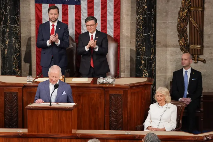 Britain's King Charles III speaks to a joint meeting of Congress in the House Chamber at the U.S. Capitol, Tuesday, April 28, 2026, in Washington, as Queen Camilla, Vice President JD Vance and House Speaker Mike Johnson of La., listen.