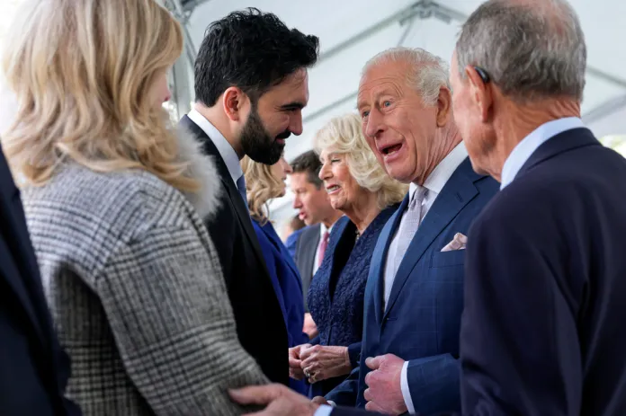 New York City Mayor Zohran Mamdani, left, greets Britain's King Charles III, second from right, during a visit to the 9/11 Memorial, Wednesday, April 29, 2026, in New York. (Jeenah Moon/Pool Photo via AP)