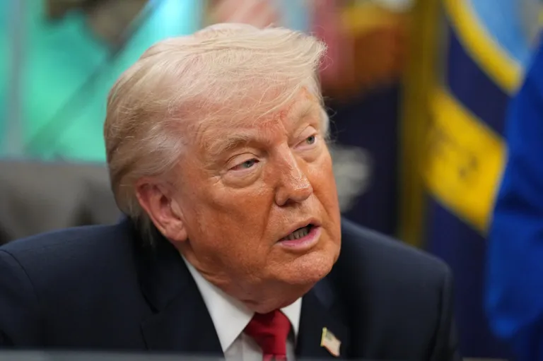 President Donald Trump speaks to reporters as he meets with NASA's Artemis II astronauts.