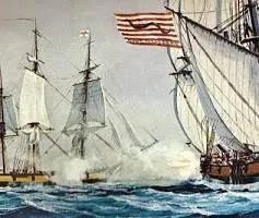 This detail of a painting by Nowland Van Powell depicts an American privateer battling a British vessel.