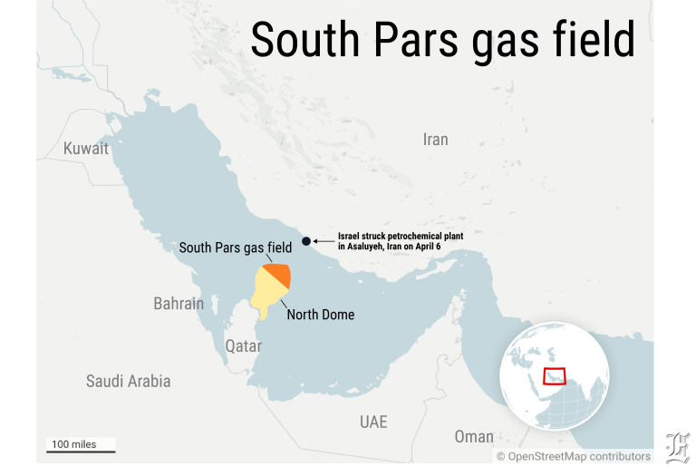 Map showing the location of South Pars gas field and the Israeli strick on a petrochemical plant in Asaluyeh, Iran