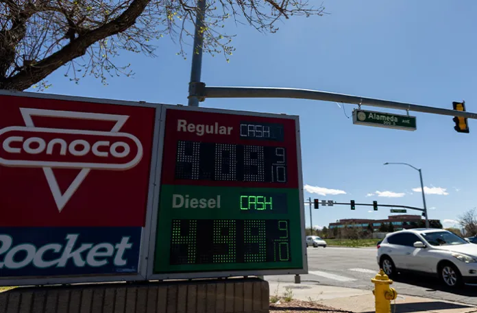 A Conoco fuel station in Aurora, Colorado on April 2. Prices at the pump have shot above $4 a gallon in just one month. (Graeme Jennings/Washington Examiner)